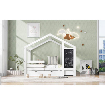 Twin House Bed with Blackboard and Drawers, Two assembly options, White