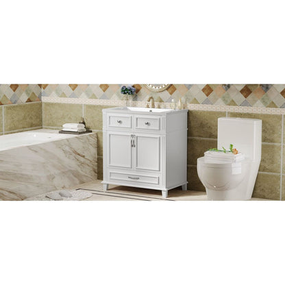 30" Bathroom Vanity with Resin Sink, Solid Wood Frame Bathroom Storage Cabinet with Soft Closing Doors, Retro Style, White