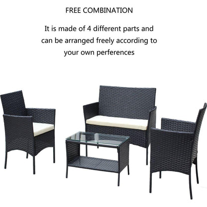 4 PC Rattan Patio Furniture Set Outdoor Patio Cushioned Seat Wicker Sofa (Beige Cushion)