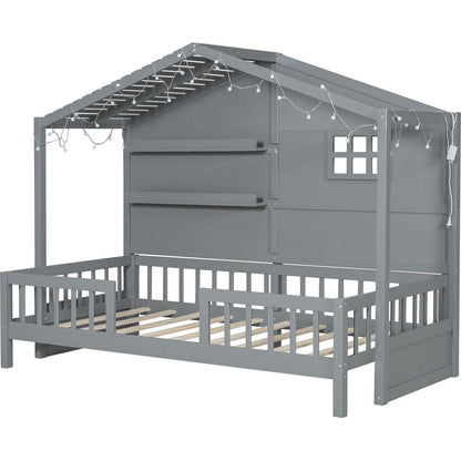 Twin Size House Bed with Shelves, House Bed with Window and Sparkling Light Strip on the Roof, Gray