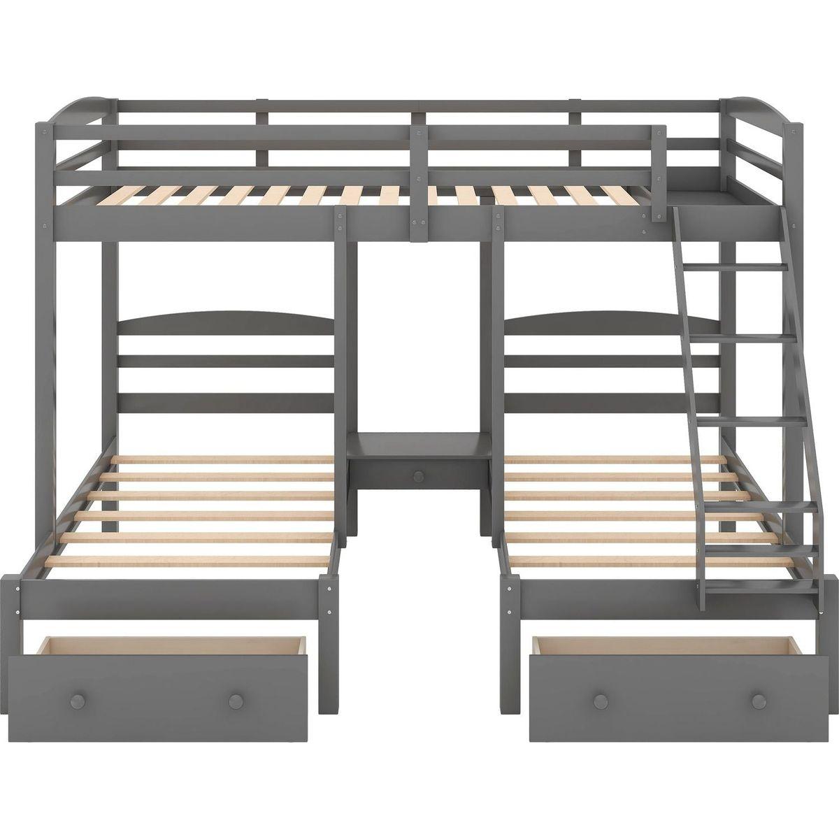 Full over Twin & Twin Bunk Bed,Triple Bunk Bed with Drawers, Gray