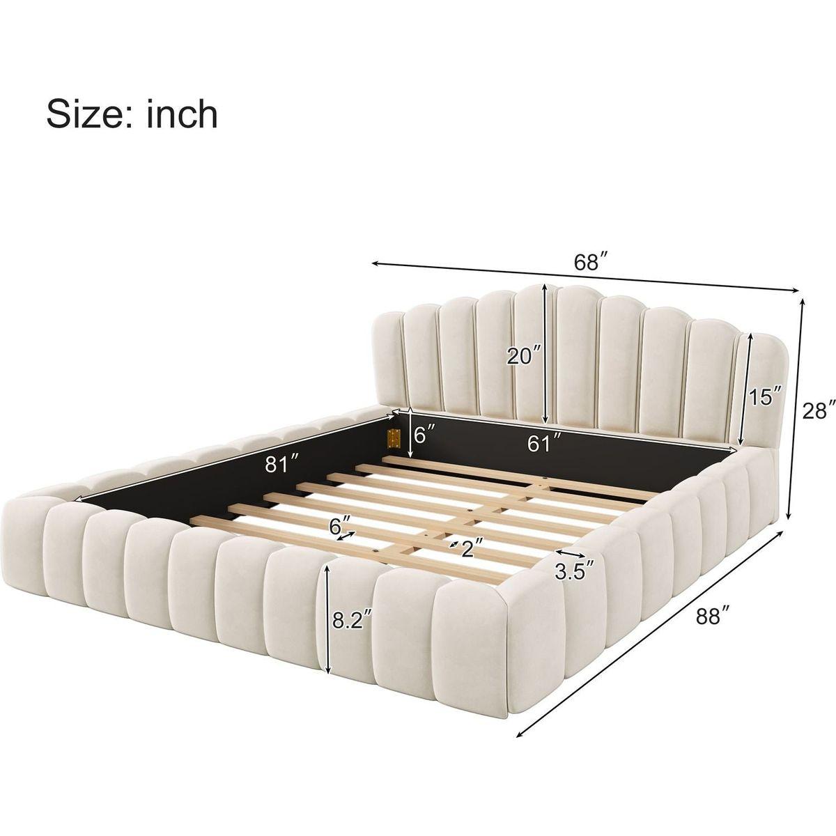 Velvet Upholstered Queen BED Frame Shell-Shaped Headboard for Bedroom,No Box Spring Needed,Beige