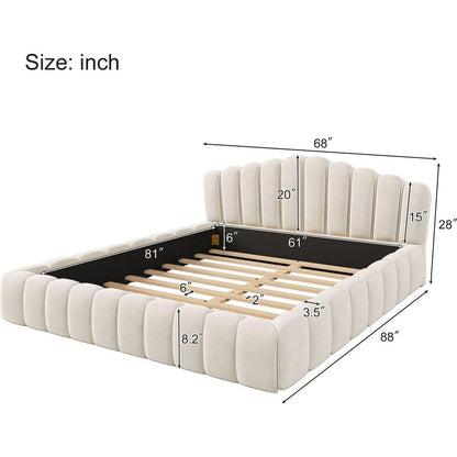 Velvet Upholstered Queen BED Frame Shell-Shaped Headboard for Bedroom,No Box Spring Needed,Beige