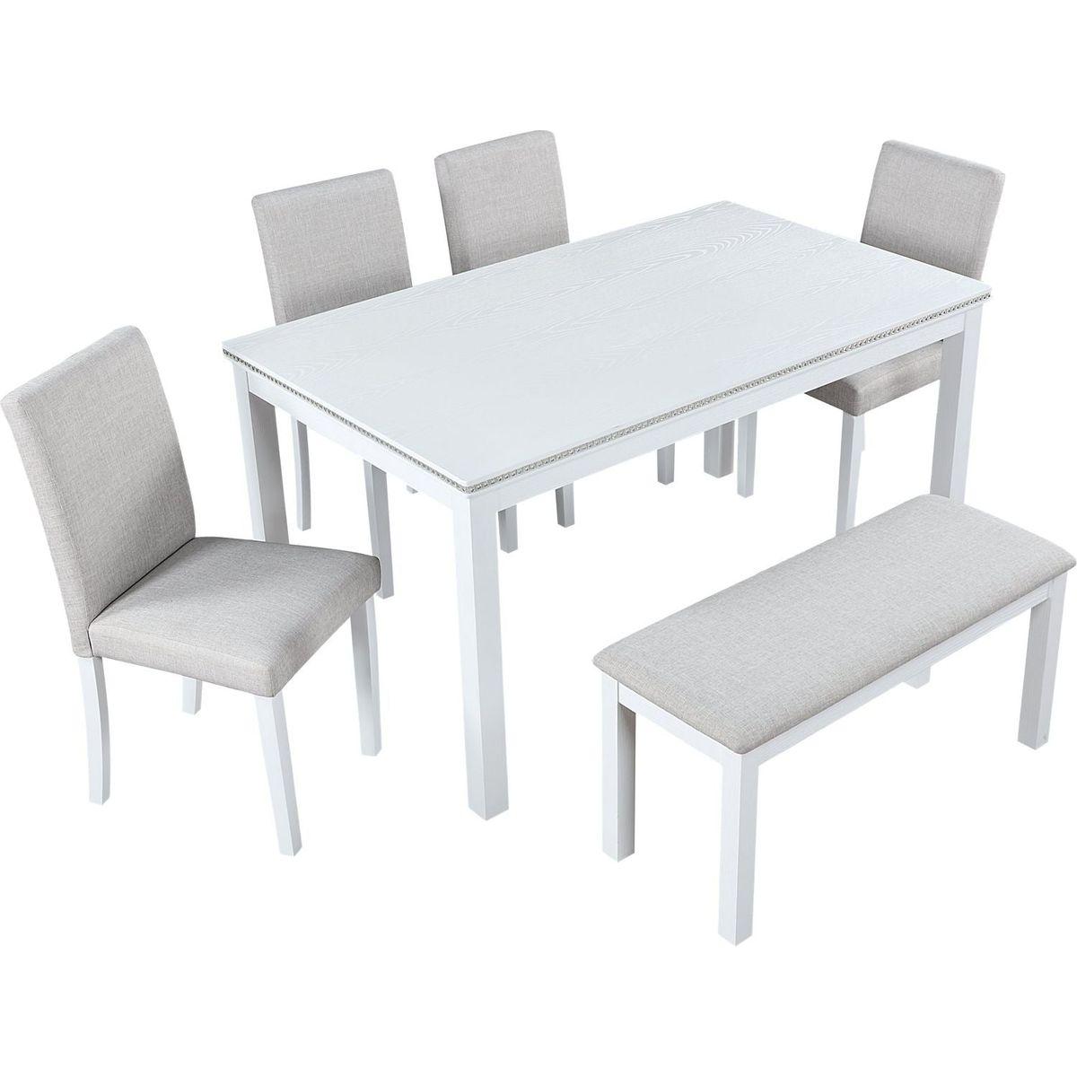 Wooden Dining Rectangular Table with Bench, Kitchen Table with Bench for Small Space, 6 Person Dining Table, White