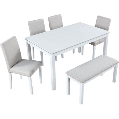 Wooden Dining Rectangular Table with Bench, Kitchen Table with Bench for Small Space, 6 Person Dining Table, White