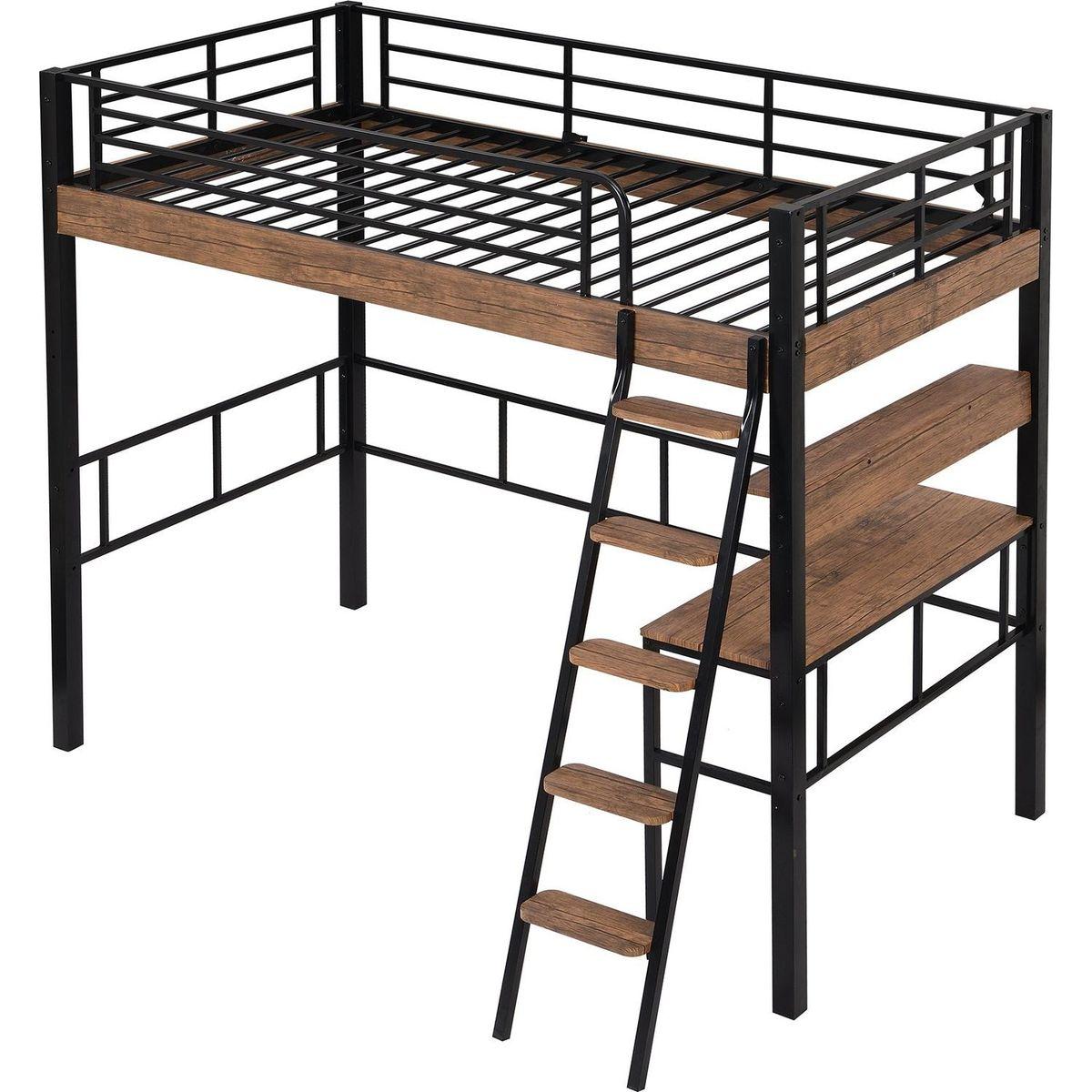 Metal Twin Size Loft Bed with Built-in Desk, Storage Shelf and Ladder, Black