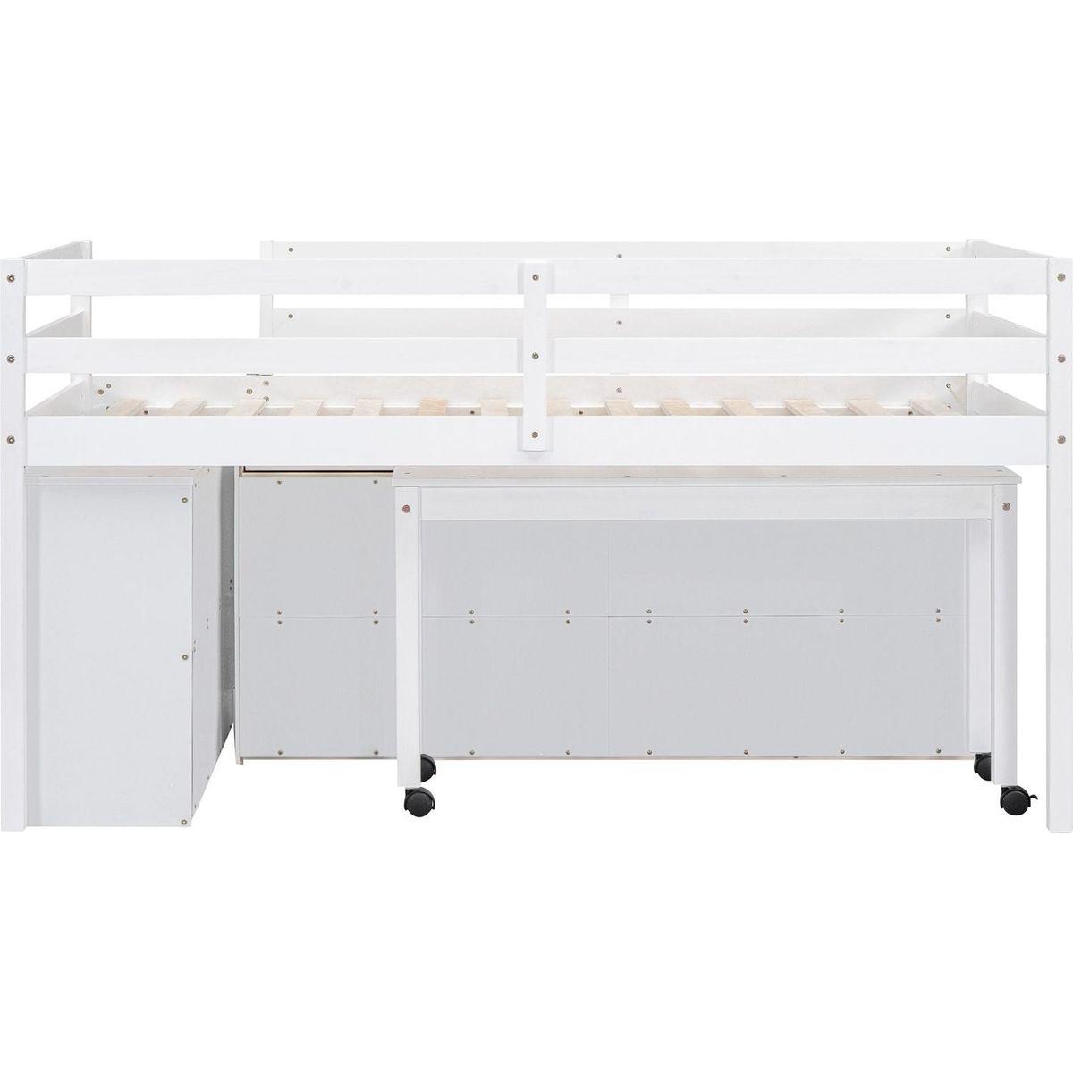 Twin Size Loft Bed with Retractable Writing Desk and 4 Drawers, Wooden Loft Bed with Lateral Portable Desk and Shelves, White