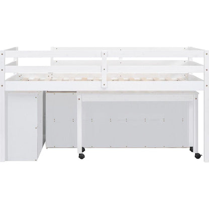 Twin Size Loft Bed with Retractable Writing Desk and 4 Drawers, Wooden Loft Bed with Lateral Portable Desk and Shelves, White
