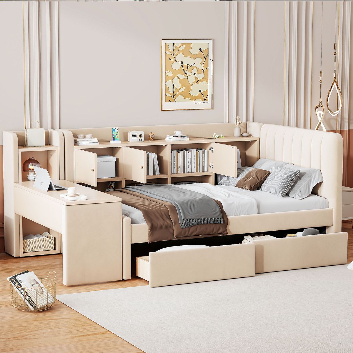Twin Size Upholstered Daybed with Drawers, Shelves, Flip Cabinets & Side Table (Beige)
