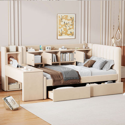 Twin Size Upholstered Daybed with Drawers, Shelves, Flip Cabinets & Side Table (Beige)
