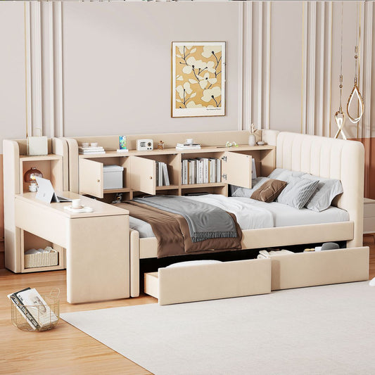 Twin Size Upholstered Daybed with Drawers, Shelves, Flip Cabinets & Side Table (Beige)