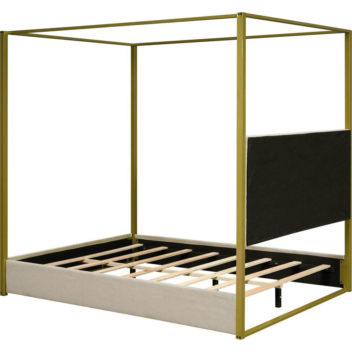 Queen Size Upholstery Canopy Platform Bed with Headboard and Metal Frame, Beige