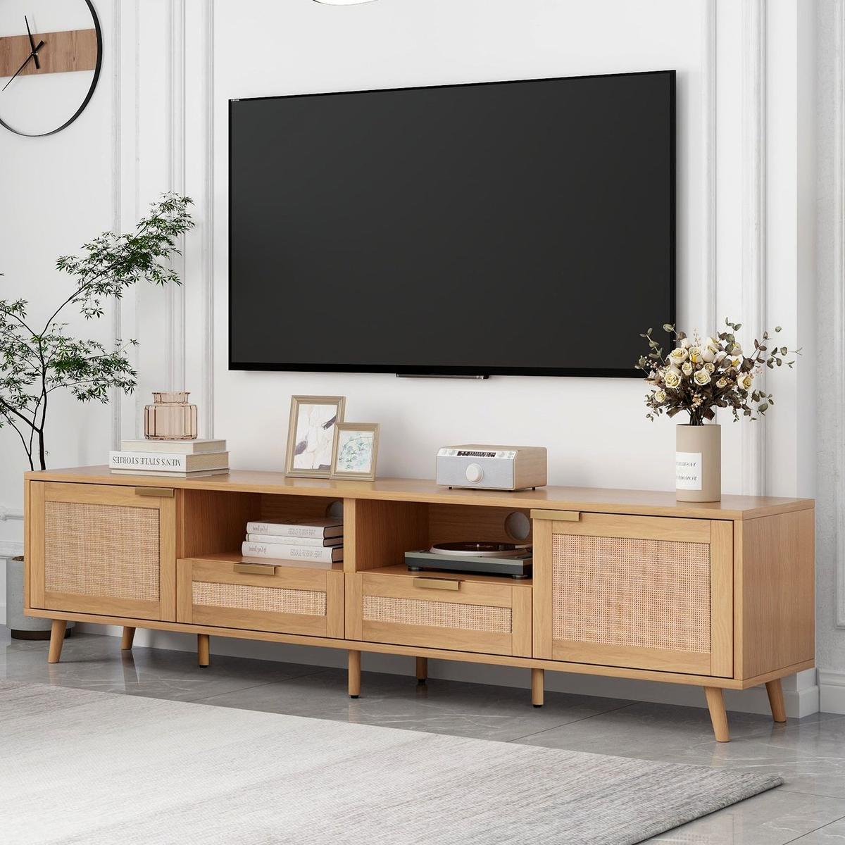 Rattan TV Stand for TVs up to 85", Modern Farmhouse Media Console, Entertainment Center with Solid Wood Legs, TV Cabinet for Living Room,Home Theatre