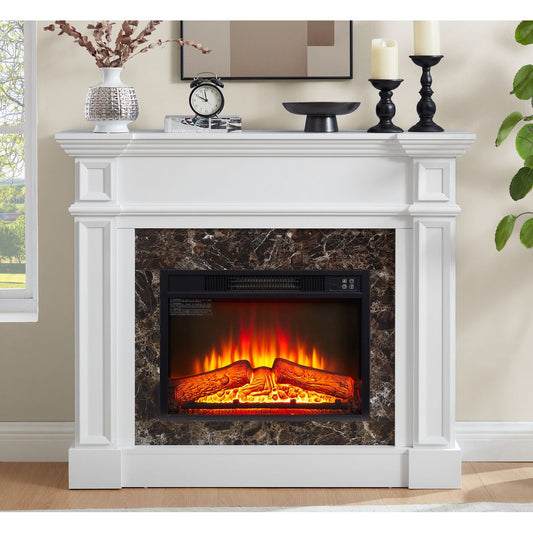 Electric Fireplace with Mantel, Fireplace Mantel, Fireplace Heater Freestanding, Realistic Stacked Stone Surround with Remote Control Timer LED Flame, White, 45.66'W*11.8'D*40'H