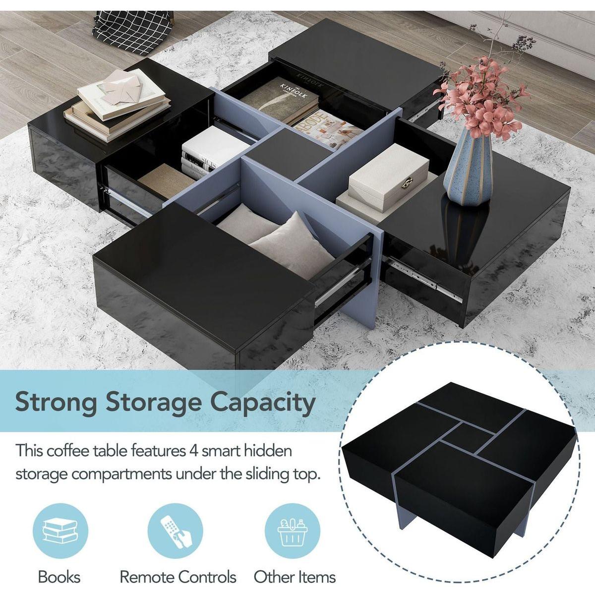 Unique Design Coffee Table with 4 Hidden Storage Compartments, Square Cocktail Table with Extendable Sliding Tabletop, UV High-gloss Design Center Table for Living Room, 31.5"x 31.5"
