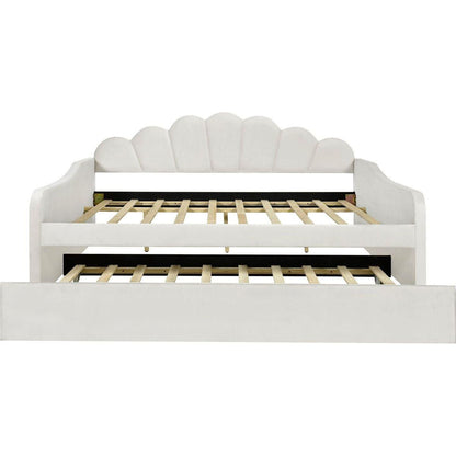 Full Size Upholstery Daybed Frame with Shall Shaped Backrest and Trundle,Beige