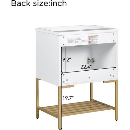 24" Bathroom Vanity with Sink, Bathroom Vanity Cabinet with Two Doors and Gold Metal Frame, Open Storage Shelf, White