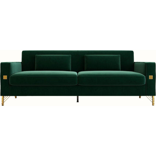 FX-P18-RG2(SOFA) Luxury Emerald Green Velvet Sofa with Gold Accents - Modern 3-Seat Couch with Plush Cushions, Perfect for Living Room and Office Decor