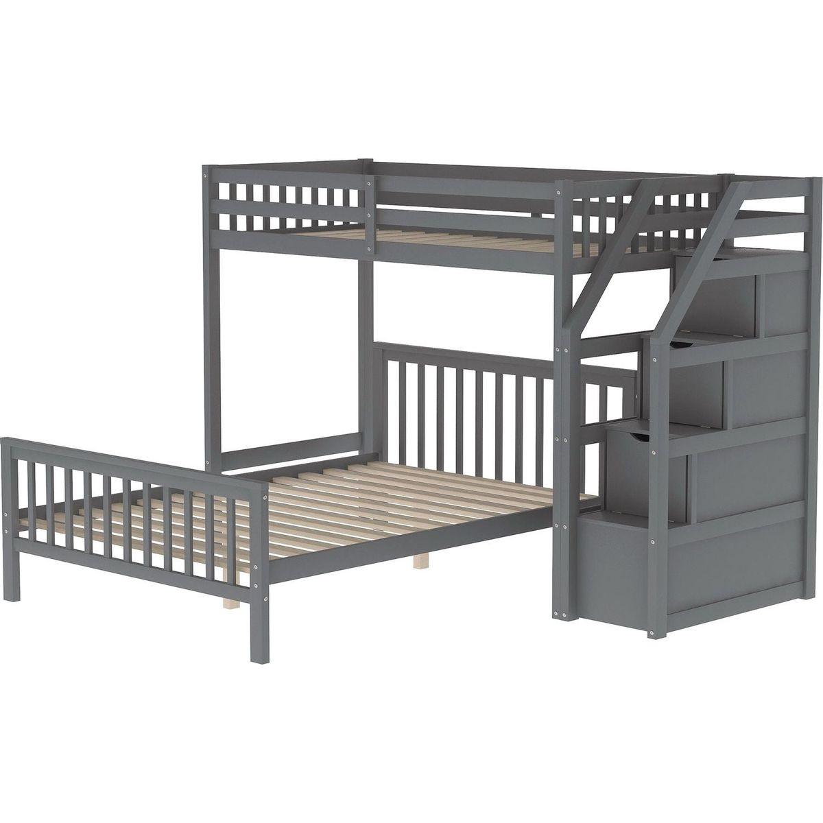 Twin over Full Loft Bed with Staircase,Gray
