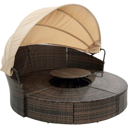 Hot Sale KD Rattan Round Lounge With Canopy Bali Canopy Bed Outdoor, Wicker Outdoor Sofa Bed with lift coffee table
