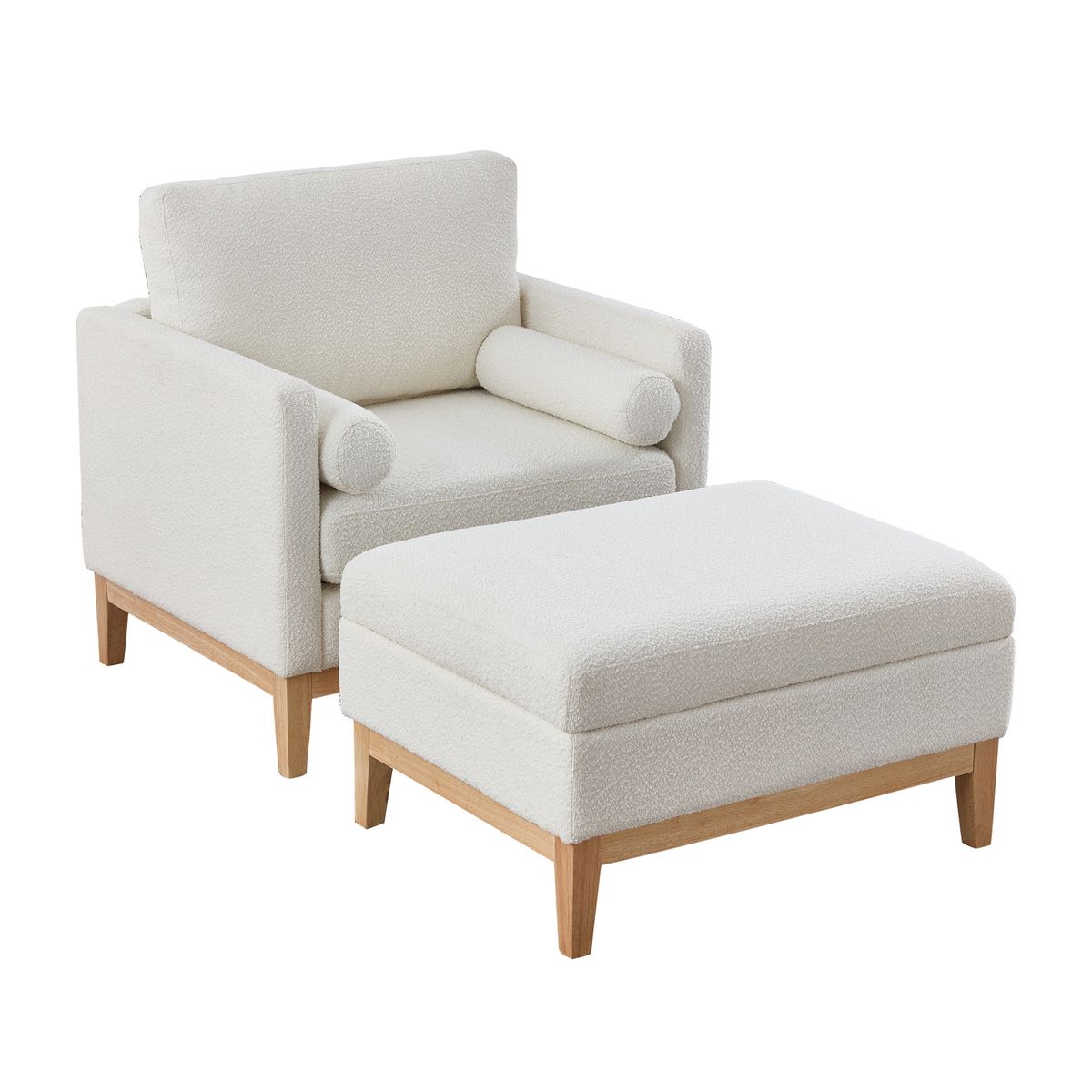 Oversized 40.35 in. Velvet Swivel Barrel Accent Chair and Ottoman Set with Storage, Ivory Boucle