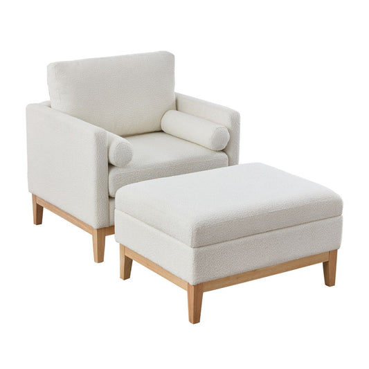 Oversized 40.35 in. Velvet Swivel Barrel Accent Chair and Ottoman Set with Storage, Ivory Boucle