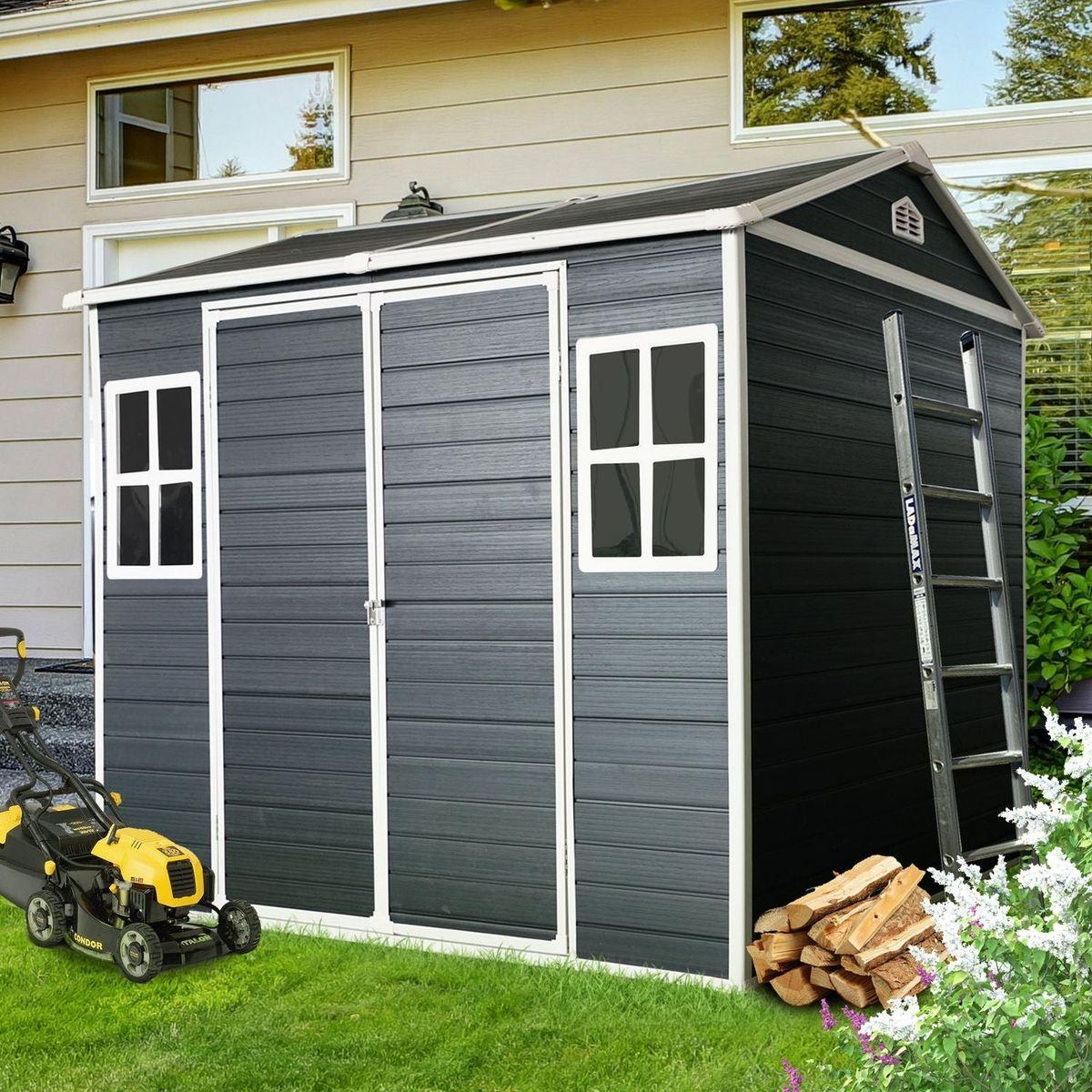 6x8ft Resin Outdoor Storage Shed with Two-Window and Floor, Black