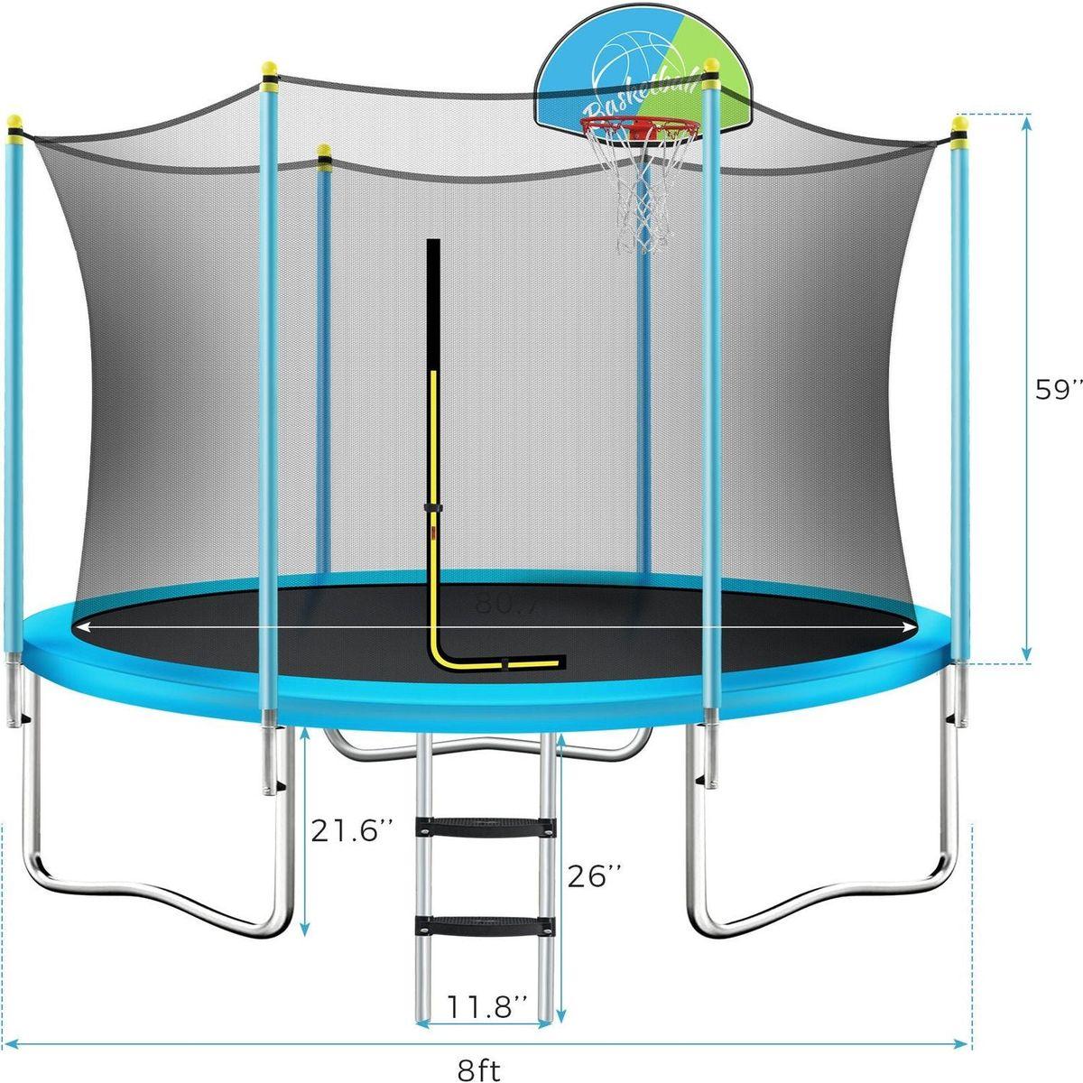 8FT Trampoline for Kids with Safety Enclosure Net, Basketball Hoop and Ladder, Easy Assembly Round Outdoor Recreational Trampoline