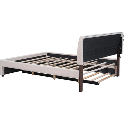 Teddy Fleece Queen Size Upholstered Platform Bed with Trundle, Beige
