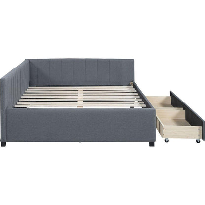 Full Size Upholstered Daybed with 2 Storage Drawers Sofa Bed Frame No Box Spring Needed, Linen Fabric (Gray)
