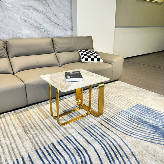 Rectangular End Table with Sintered Stone Top, Gold Metal Frame for Living Room