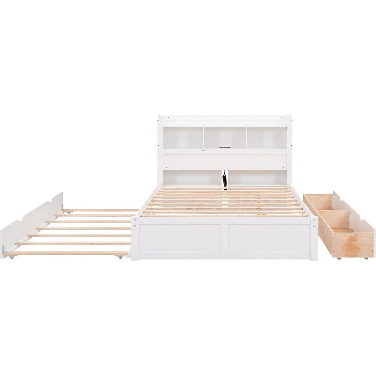 Full Size Storage Platform Bed with Pull Out Shelves, Twin Size Trundle and 2 Drawers, White