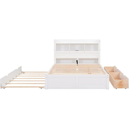Full Size Storage Platform Bed with Pull Out Shelves, Twin Size Trundle and 2 Drawers, White