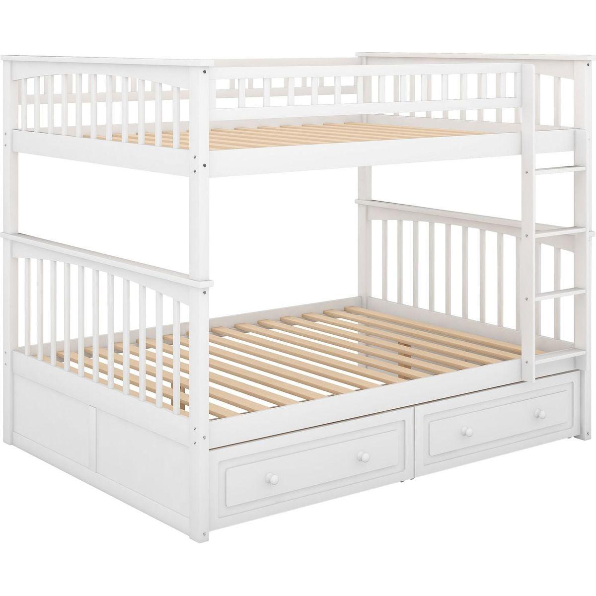 Full over Full Bunk Bed with Drawers, Convertible Beds, White