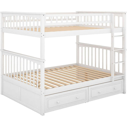 Full over Full Bunk Bed with Drawers, Convertible Beds, White
