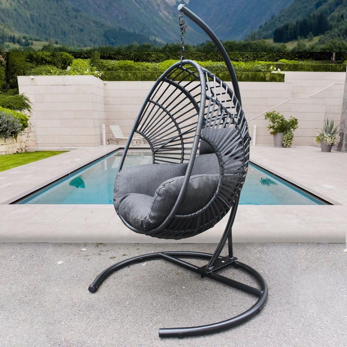 High Quality Outdoor Indoor Black color PE Wicker Swing Egg chair with Antracite Color Cushion And Black Color Base