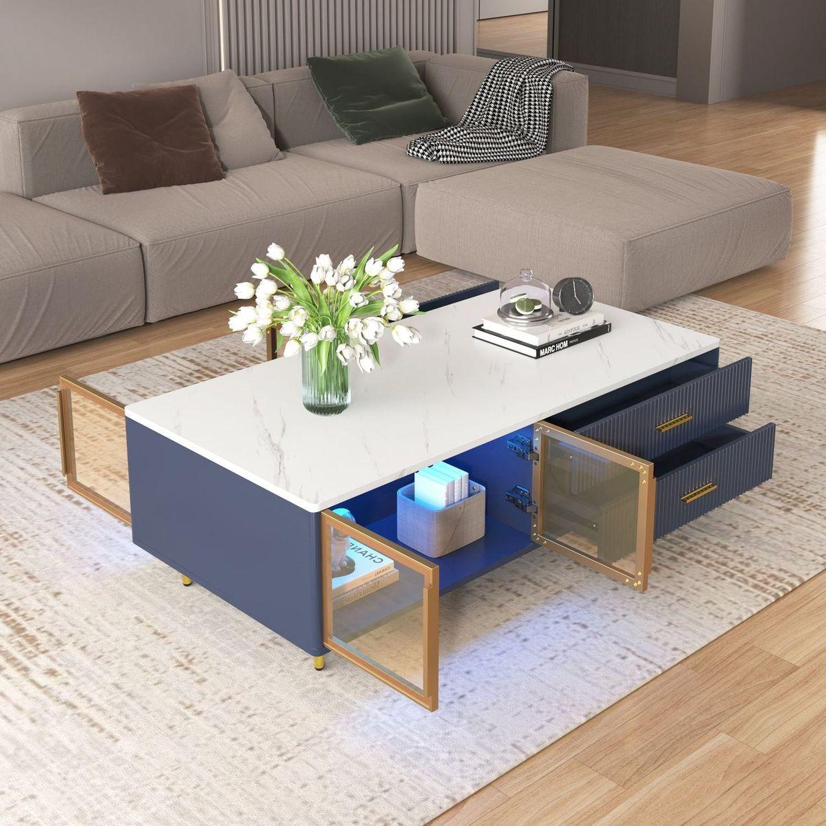 Modern Navy Blue Coffee Table with 2 Glass Door Storage, 4 Drawers, Gold Metal Legs, and Multi-Color Lighting in 47.2"