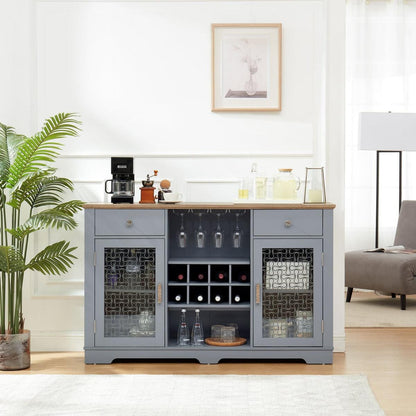 Modern Farmhouse Buffet Cabinet, Sideboard with 2 Drawers and Elegant Glass Door Cabinets, Wine and Glass Rack, Coffee Bar for Kitchen, Dining Room, Light Blue and Light Oak, 56.46"Wx15.55"Dx35.74"H