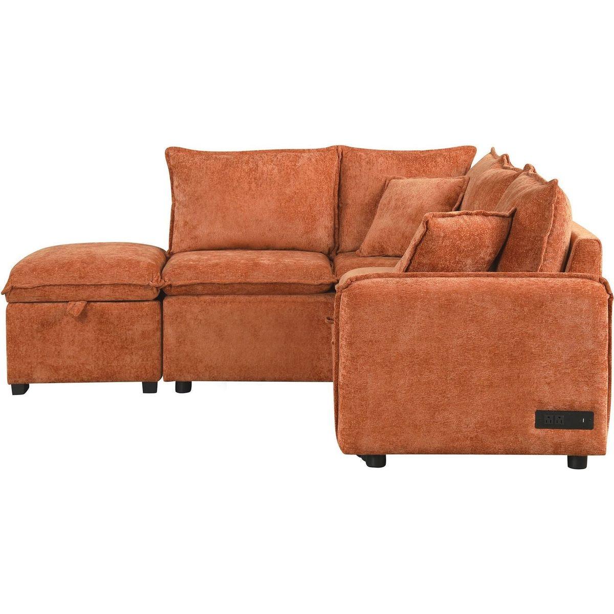 82.67"Convertible Sofa Bed Sectional Sofa Sleeper L-shaped Sofa with a Storage Ottoman,Two Pillows, Two Power Sockets and Two USB Ports for Living Room, Orange