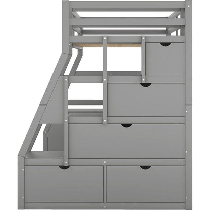 Twin Size Loft Bed with 7 Drawers 2 Shelves and Desk - Gray