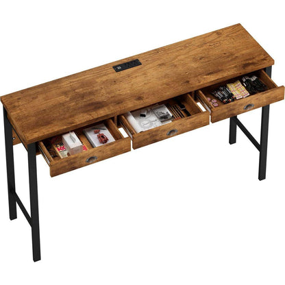 3-Drawer Long Dining Table Set with Power Outlets, Bar Kitchen Table Set with Circular PU Stools, Easy Assemble,Brown