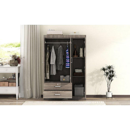 3-Door Wardrobe with 2 Drawers, Wood Grain Effect in Gray