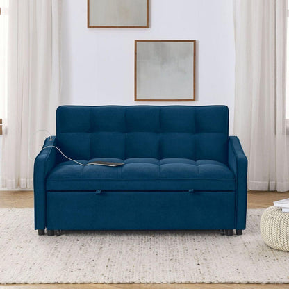 Loveseats Sofa Bed with Pull-out Bed,Adjustable Back and Two Arm Pocket,TypeC and USB Charging with Copper nail,Blue (47"x53"x31")