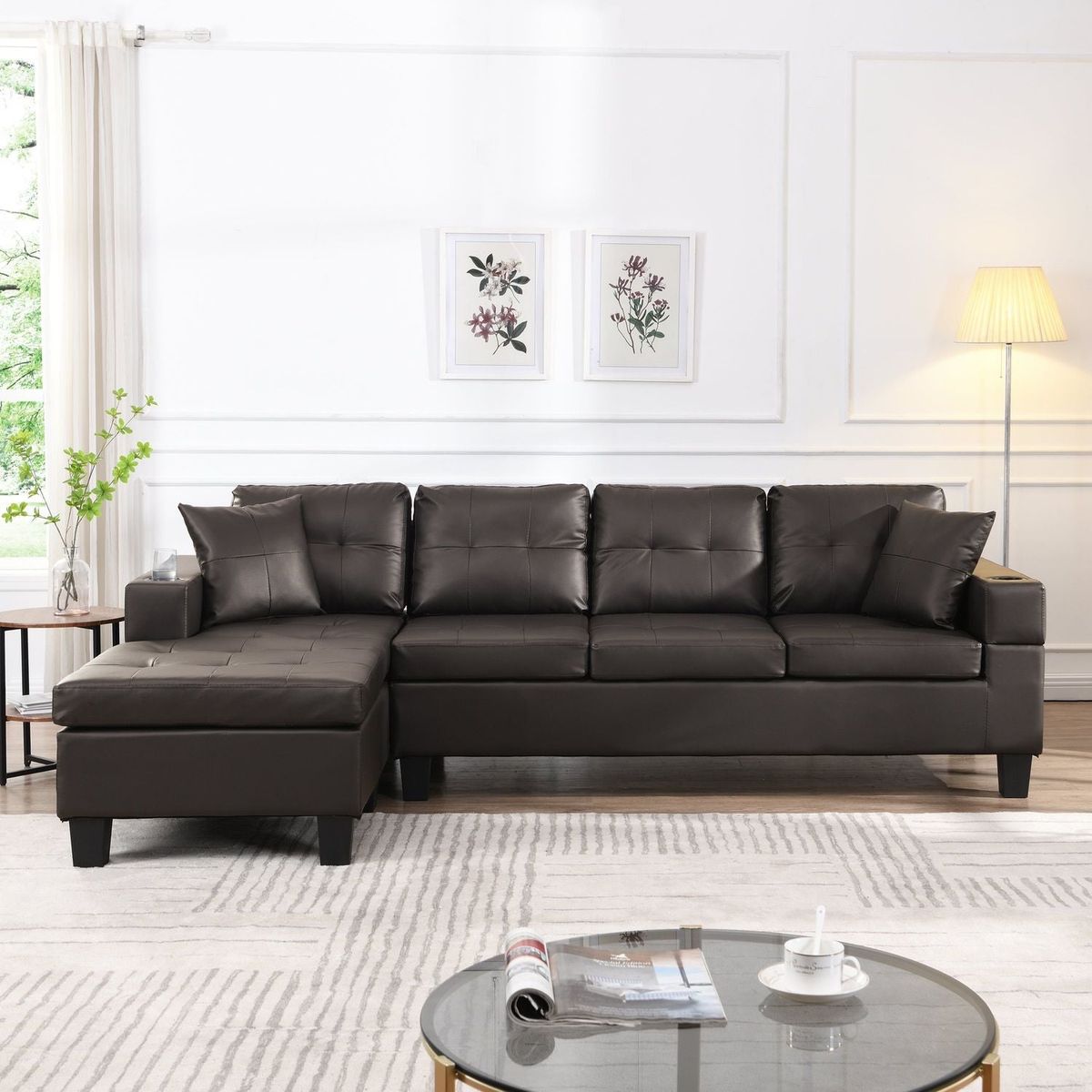 Sectional Sofa Set for Living Room with L Shape Chaise Lounge, cup holder and Left or Right Hand Chaise Modern 4 Seat (Chocolate brown)