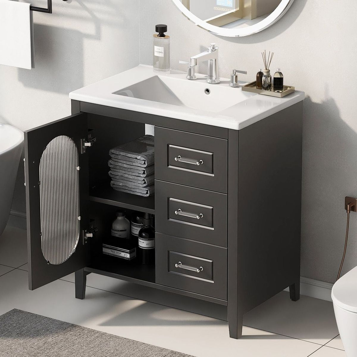 30" Bathroom Vanity with Sink, Bathroom Vanity Cabinet with Two Drawers and Door, Adjustable Shelf, Solid Wood and MDF, Black