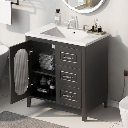 30" Bathroom Vanity with Sink, Bathroom Vanity Cabinet with Two Drawers and Door, Adjustable Shelf, Solid Wood and MDF, Black