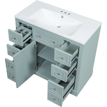 36" Bathroom Vanity with Sink Combo, One Cabinet and Six Drawers, Solid Wood and MDF Board, Green