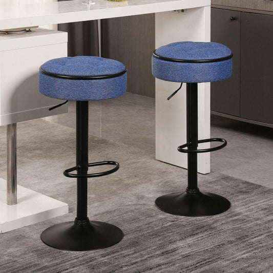 Round Storage Bar Stool Set of 2, Blue Linen Height Adjustable Barstool, 360Counter Height Swivel Stool, Armless Bar Chair with Metal Frame for Kitchen Counter Dining Living Room