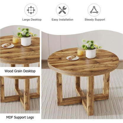 A modern and practical circular dining table. Made of MDF tabletop and wooden MDF table legs. A set of 4 brown cushioned chairs.