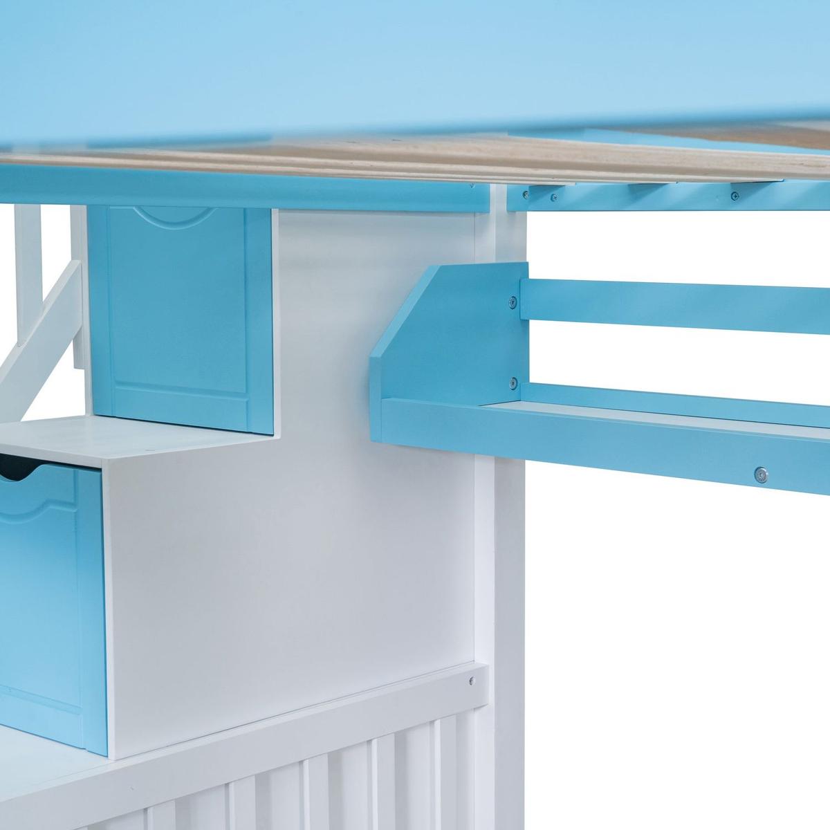 Full-Over-Full Castle Style Bunk Bed with 2 Drawers 3 Shelves and Slide - Blue